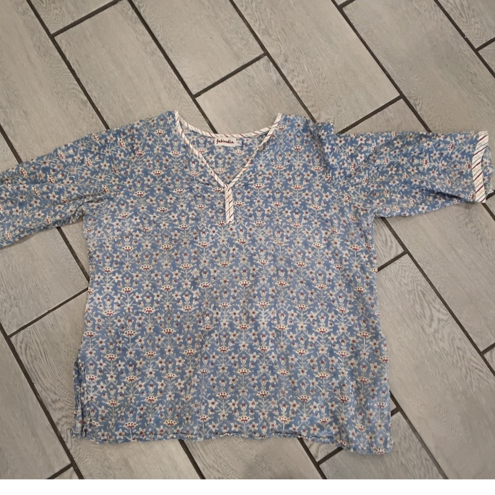 Fabindia Blue Floral‎ Block Print Cotton Tunic Top XL Boho V-Neck 3/4 Sleeve